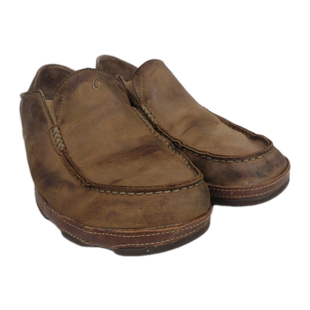 OluKai Moloa Shoes Mens Size 11 Brown Leather Slip On Loafers Comfort Casual